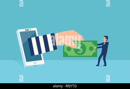 Cyber crime and online theft concept. Vector of a virtual thief breaking into mobile internet account of a businessman stealing money from him Stock Vector