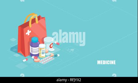 Pharmacy concept. Vector of medicine, hospital set of drugs with labels on blue background Stock Vector