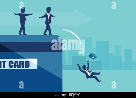 Vector of businesspeople balancing on the edge of credit card falling in default. Money borrowing financial risks concept Stock Vector