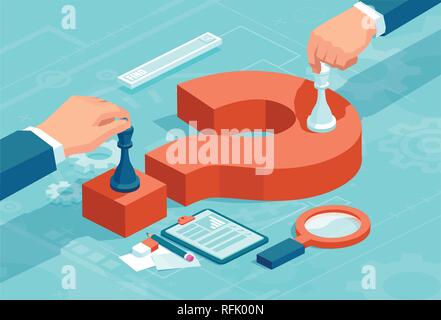 Vector concept of businessmen moving chess pieces on red question mark negotiating strategic decisions. Stock Vector