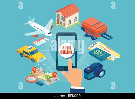Vector travel and online booking concept with tourism icons depicting flight, tickets, taxi, baggage, hotel and tablet icons Stock Vector