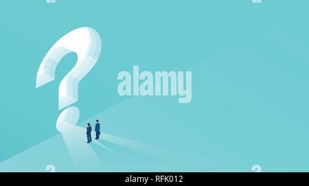 Business challenges and successful solutions concept. Vector of two businessmen standing in front of a keyhole shaped as a question mark Stock Vector
