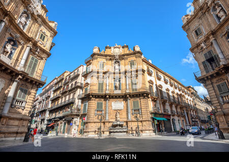 Cityscape with crossing streets on Quattro Canti square  (four corners). Beautiful and famous place at sicilian capital. Palermo, Sicily Stock Photo