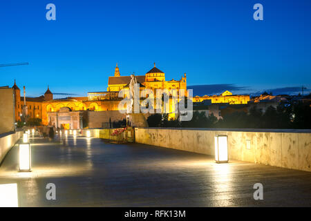 Scenic view of Roman bridge and Great Mosque (Mezquita cathedral) on Guadalquivir river at night. Cordoba, Andalusia, Spain Stock Photo