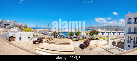 Panoramic cityscape from old fortress with view of port and coastal structure in Tangier. Morocco Stock Photo