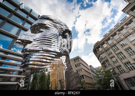 The Head of Franz Kafka (also known as the Statue of Kafka) outdoor sculpture by David Cerny outside the Quadrio shopping centre in Prague. Stock Photo