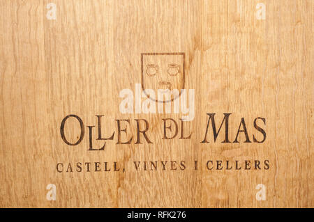 French oak barrel for wine, Oller del Mas, Manresa, Catalonia, Spain Stock Photo