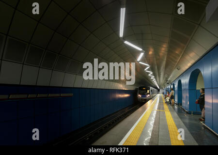 Train entering the subway station,, Baikonur Metro Station, Almaty, Kazakhstan Stock Photo