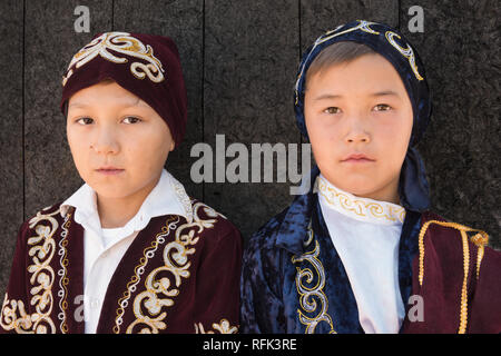 Pair of Kazakh boys, Almaty, Kazakhstan Stock Photo