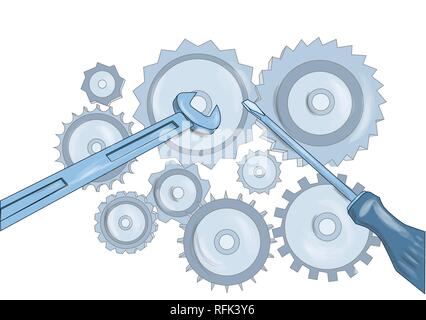 screwdriver and wrench and gears isolated on white Stock Vector
