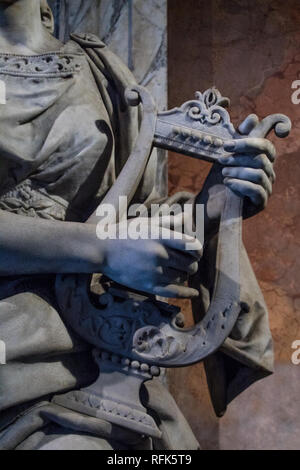 A closeup of the lyre of Pietro Bulgarelli's statue at the National Theatre of Costa Rica in San Jose Stock Photo