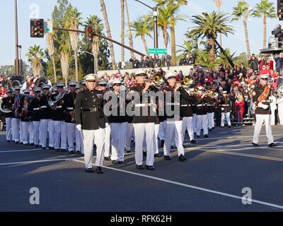 PASADENA, CALIFORNIA—JANUARY 1, 2018:Members of the US Marine Corps West Coast Composite Band at the 129th Tournament of Roses parade. Stock Photo