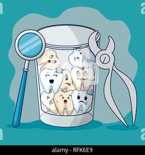 teeth in the glass with mouth mirror and dental extractor Stock Vector