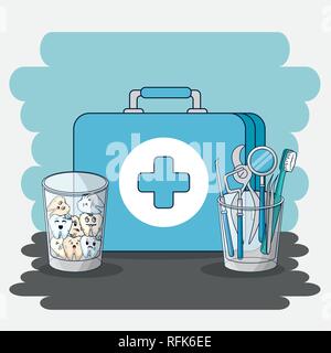briefcase with teeth in the glass and dental equipment Stock Vector