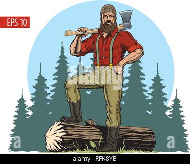 Lumberjack with axe and downed log, forest background. Comic style vector illustration. Stock Vector
