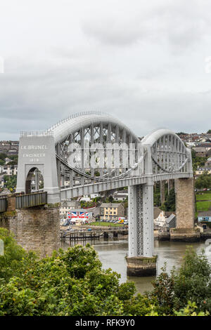 Brunels Royal Albert Bridge over the river Tamar, Cornwall, with the town of Saltash in the background. Stock Photo