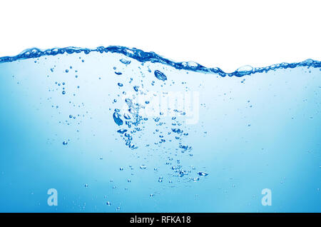pure blue water with splash and air bubbles on white background Stock Photo