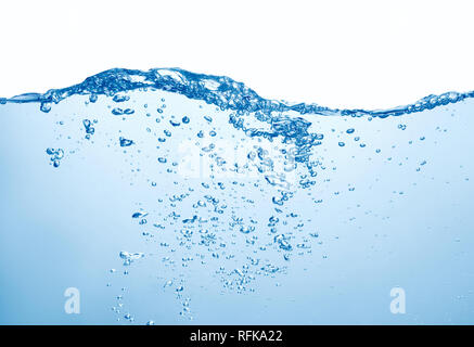 pure blue water with splash and air bubbles on white background Stock Photo