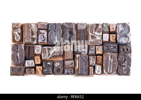 Old wooden block numbers isolated on white background Stock Photo