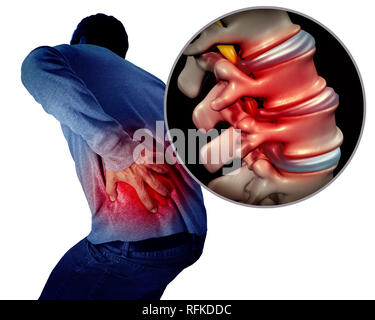 Lower back pain or backache and painful spine medical concept as a person holding the painful spinal area as a medical concept. Stock Photo