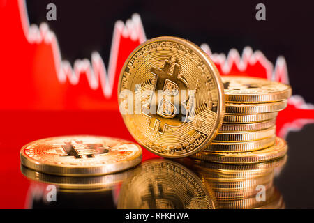 Bitcoin with a red chart drop. Price crash and bear market trend concept. Stock Photo