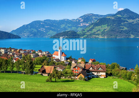 Beckenried, traditional little town on Lake Lucerne in swiss Alps, Switzerland Stock Photo