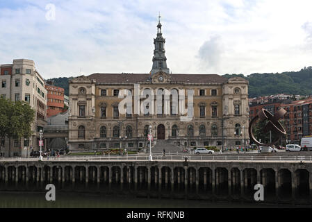 bilbao baroque town hall on the right bank of the estuary of bilbao, nervion river, basque country, spain Stock Photo