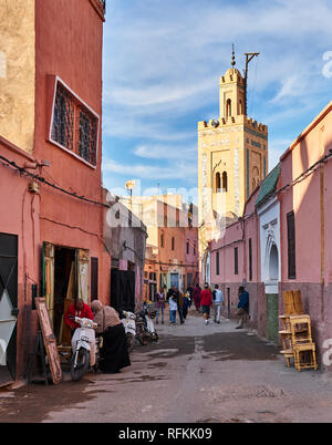 Scene of a traditional small street of Marrakesh / Marrakech, Morocco. Stock Photo