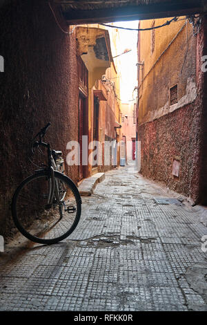 Scene of a traditional small street of Marrakesh / Marrakech, Morocco. Stock Photo