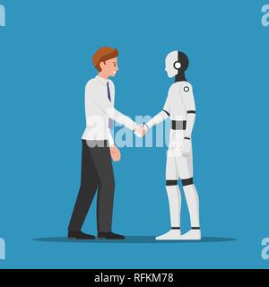 Businessman shaking hand with AI robot. Artificial intelligence concept. Stock Vector