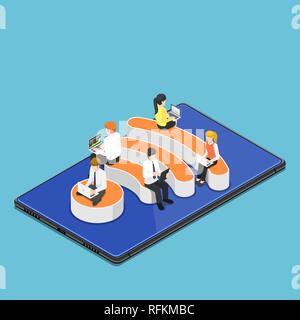 Flat 3d isometric busienss people with laptops working while sitting on Wi-Fi hotspot icon on digital tablet. Wi-Fi hotspot wireless network and inter Stock Vector