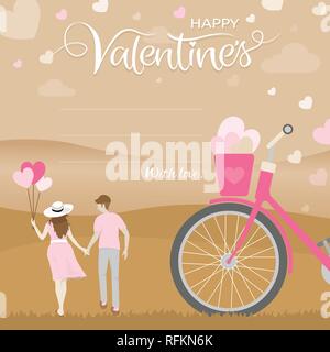 Romantic moment of happiness couple hold hand with heart shape balloon in woman hand with part of bicycle in foreground. Happy valentines day greeting Stock Vector