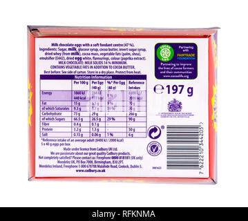 SWINDON, UK - JANUARY 26, 2019: 5 pack of Cadbury creme eggs showing Nutrition Infomation isolated on white background Stock Photo