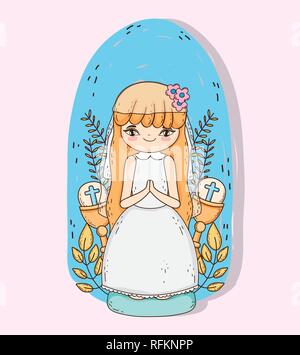girl communion with host wafer chalice and branches leaves Stock Vector