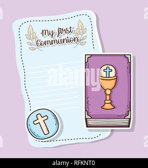 my first communion card with host wafer and bible Stock Vector