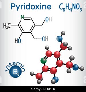 Pyridoxine molecule, is a vitamin B3. Structural chemical formula and molecule model. Vector illustration Stock Vector