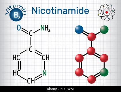 Nicotinamide (NAA) molecule, is  a vitamin B3 found in food, used as a dietary supplement. Structural chemical formula and molecule model. Sheet of pa Stock Vector