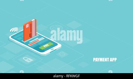Secure and convenient e-payments concept. Vector of a payment being processed using a credit card on smartphone via a financial app Stock Vector