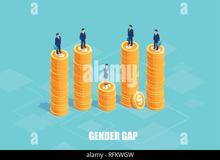 Gender gap and pay difference concept. Vector of businessmen and businesswoman on piles of coins of different height. Symbol of discrimination and inj Stock Vector