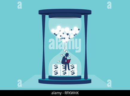 Time management and reward for successful ideas concept. Vector of a businessman working on computer inside a sand clock converting business ideas int Stock Vector