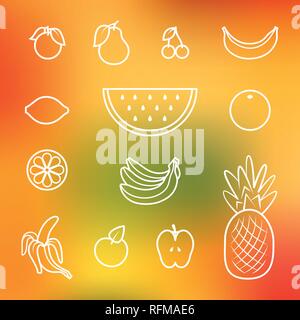 Set of fruit icons on gradient mesh background. Vector illustration Stock Vector