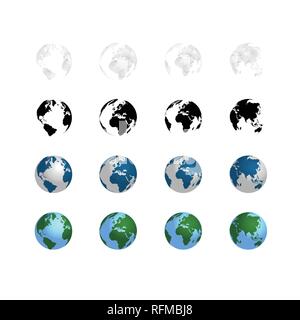 Set of world maps or globes in various angles isolated on white vector illustration Stock Vector