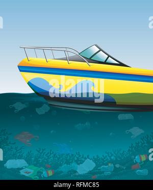 Speed boat over the polluted ocean illustration Stock Vector