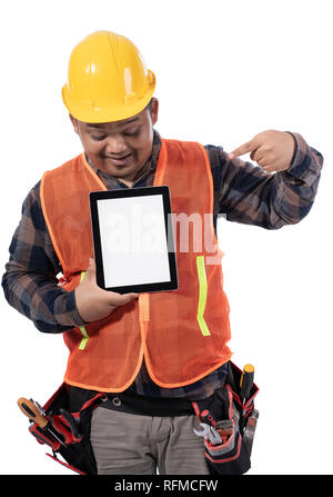 portrait of constructor showing new concept on tablet with finger pointing Stock Photo