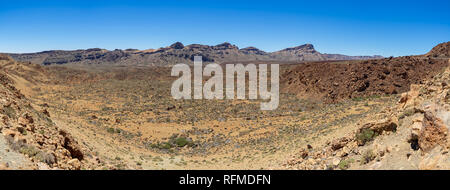 Panoramic view of the lava fields of Las Canadas caldera of Teide volcano. Viewpoint: Minas de San Jose. Tenerife. Canary Islands. Spain. Stock Photo