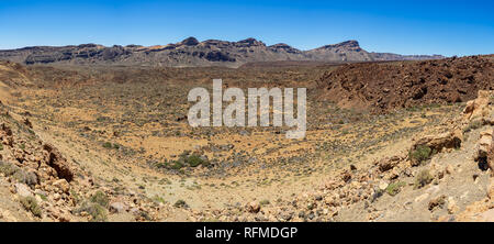 Panoramic view of the lava fields of Las Canadas caldera of Teide volcano. Viewpoint: Minas de San Jose. Tenerife. Canary Islands. Spain. Stock Photo