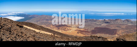 Panoramic view of the lava fields of Las Canadas caldera of Teide volcano. View of the valley from the top of the volcano. Stock Photo