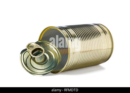 Empty old tin can with lid isolated on white background, clipping-path included Stock Photo