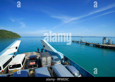 Trad, Thailand - December 04, 2018: A lot of cars on ferry boat to the popular travel destination Koh Chang, Trad province, Thailand. Stock Photo