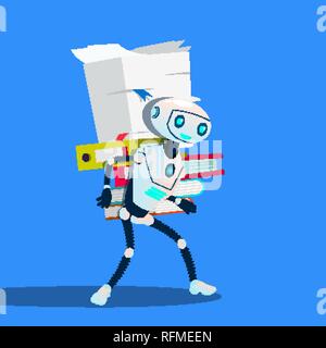 Robot Is Carrying Stack Of Office Folders Vector. Isolated Illustration Stock Vector